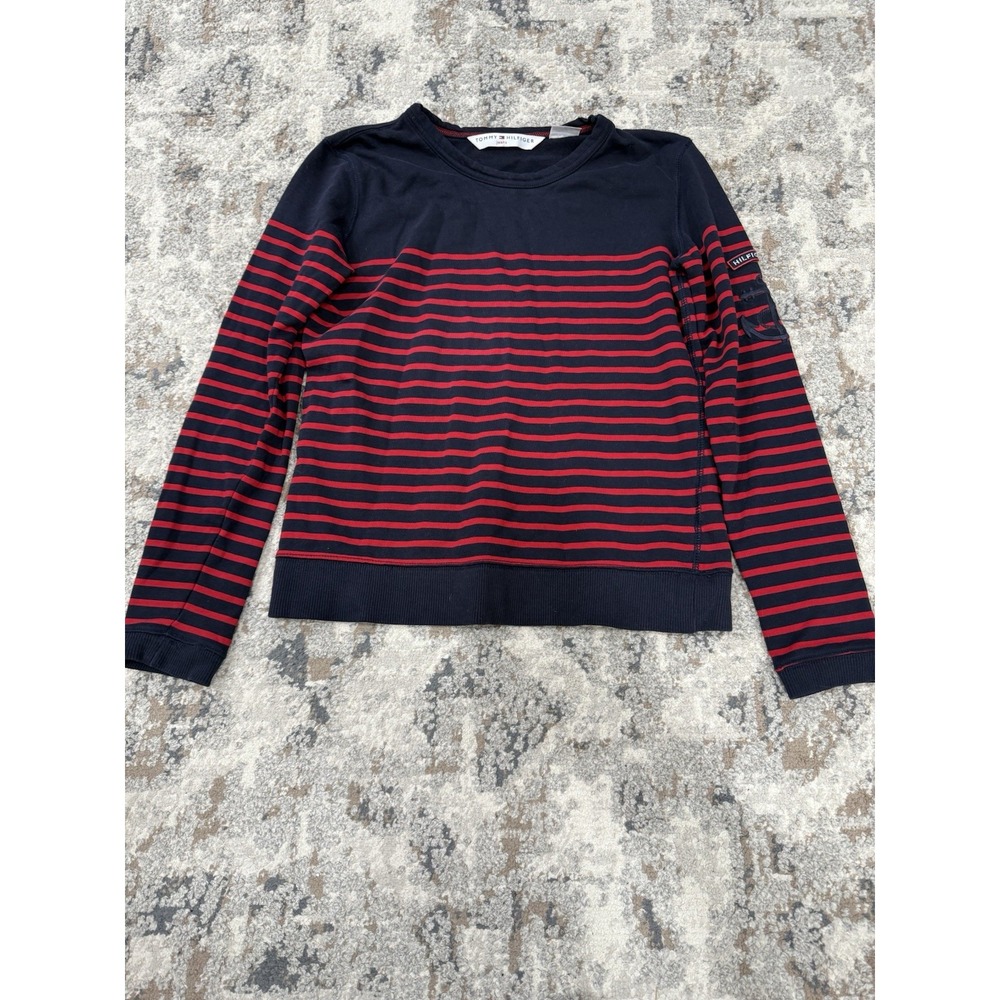 Tommy Hilfiger Sweater Womens S Red Navy‎ Metallic Stripe Anchor Arm